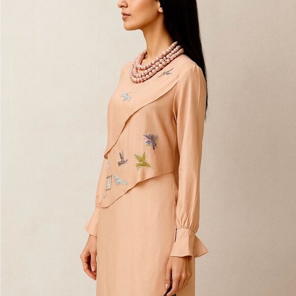 Dresses & Skirts - Sheep Brand Indian Elegant Tan Dress with Floral Design Bird Cage Embroidered